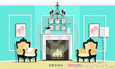 Classic Vintage Style Furniture Set in a living room: fireplace, armchairs, chandelier, lamp. Flat style Vector Illustration