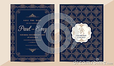 Classic vintage wedding invitation card with copper color border and frame on dark navy blue background Vector Illustration