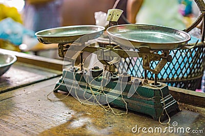 Classic vintage Weight Scale for measure the Medical Thai heab in original Medical Thai Herb shop in Bangkok Thailand Stock Photo