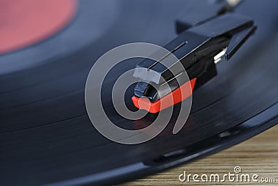 Classic vinyl record player closeup. Stock Photo