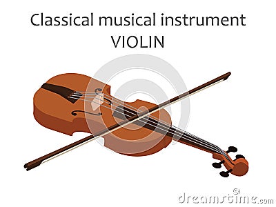 Classic violin with bow. Vector illustration of brown viola in flat style isolated on white background. Stringed musical Vector Illustration