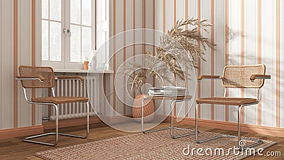 Classic waiting room in white and orange tones. Rattan and steal armchairs, side table, carpet, window and decors. Striped Stock Photo