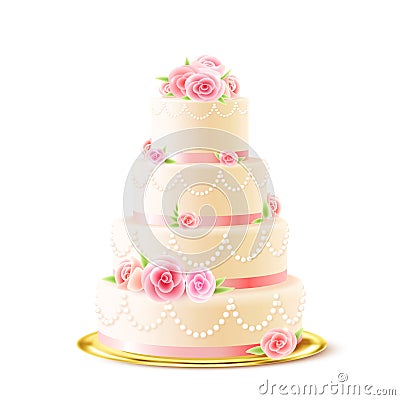 Classic Wedding Cake With Roses Realistic Vector Illustration