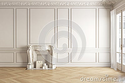 Classic white-beige blank wall empty interior with fireplace and moldings. Cartoon Illustration