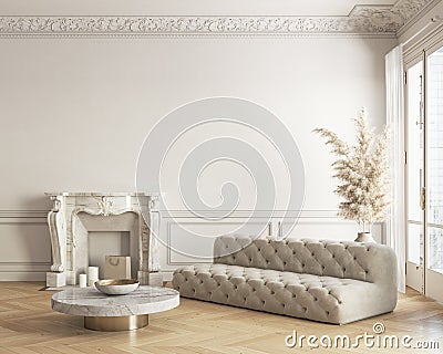 Classic white-beige interior with fireplace, sofa, coffee table and decor. Cartoon Illustration