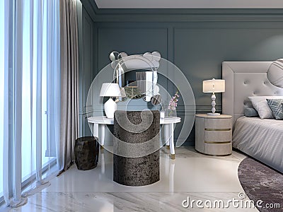 Classic white dressing table with a round mirror and soft chair in the bedroom Stock Photo