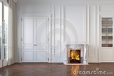 Classic white empty interior with fireplace, moldings, wall pannel, window, door. Cartoon Illustration