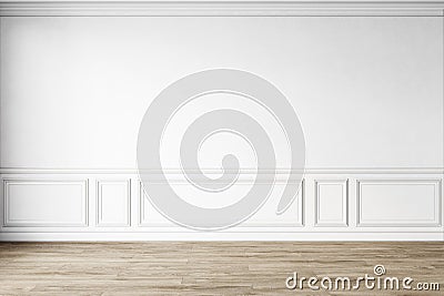 Classic white empty interior with wall panels, moldings and wooden floor. Cartoon Illustration