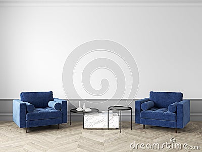 Classic white interior with blue armchairs, coffee table and decor. Cartoon Illustration