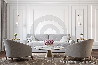 Classic white interior with gray armchairs, sofa, marble coffee table, lamps, carpet, flowers and wall moldings. Cartoon Illustration