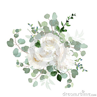 Classic white peony, cream beige rose and ranunculus flowers, eucalyptus, greenery Vector Illustration