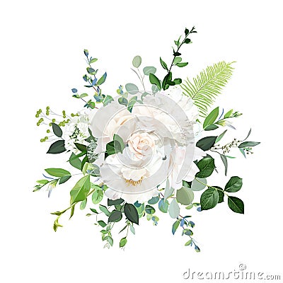 Classic white peony, cream white magnolia, beige rose and ranunculus flowers Vector Illustration