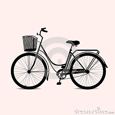 Classic women bicycle silhouette, ecological sport transport on pink backgraund. vector illustrator Vector Illustration