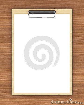 Classic wooden clipboard with blank white paper on the wooden ba Stock Photo