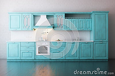 Classic Wooden Kitchen Painted In Turquoise Stock Photo