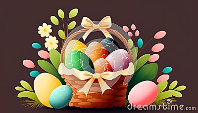 A classic woven basket overflowing with beautifully decorated Easter eggs, tempting chocolates - ai generated. Stock Photo