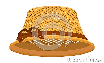 Classic woven summer woman hat to protect head from sun. Headwear made from natural materials. Mesh female panama. Cartoon vector Vector Illustration