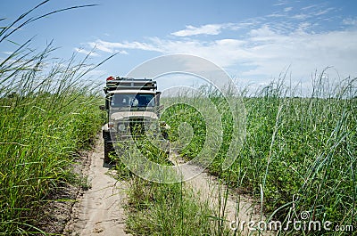Classic 4x4 offroad car on overgrown track with high grass in Northern Angola, Africa Editorial Stock Photo