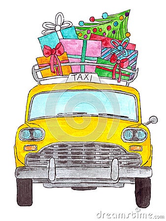 Classic Yellow cab with Christmas gifts Stock Photo