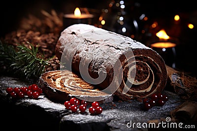 Classic Yule log a festive treat Christmas cake rolled and adorned for a delightful celebration Stock Photo