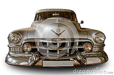 Classical American Vintage car 1950 Cadillac Limousine. Front view. White background Editorial Stock Photo