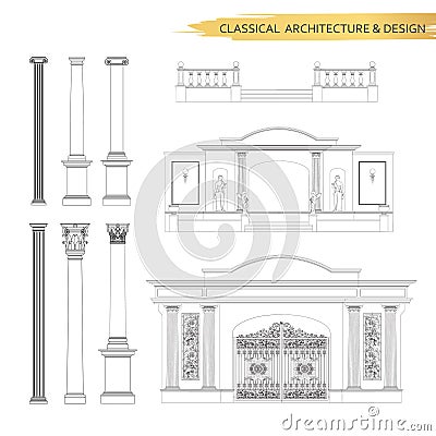 Classical architectural form drawings in set. Vector drawing design elements for classic architecture Vector Illustration
