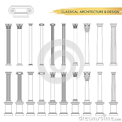 Classical architectural form drawings in set. Vector drawing design elements for classic architecture. Vector Illustration