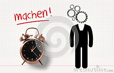 Classical copper colored alarm clock and a drawn person with the message DO! in German Stock Photo