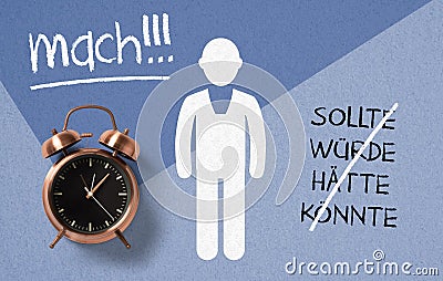 Classical copper colored alarm clock with stroked German text `should, would, had, could` and the solution `D Stock Photo