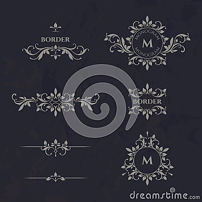 Graphic design page. Floral monograms and borders. Vector Illustration