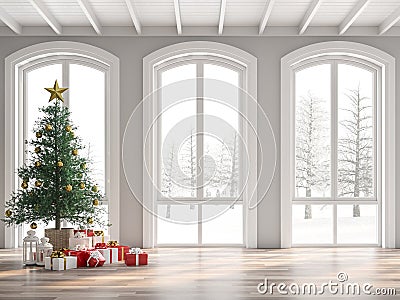 Classical empty room decorate with christmas tree 3d render Stock Photo