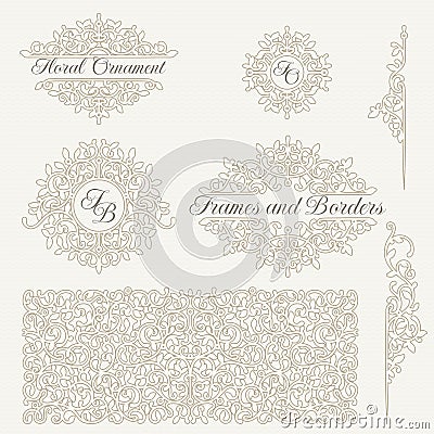 Classical floral elements. Decorative vector monograms and borders, seamless pattern Vector Illustration