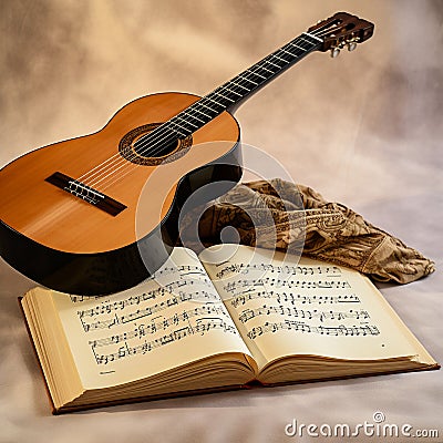 classical guitar next to open music book Stock Photo