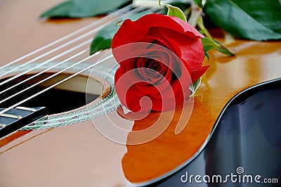 Classical guitar and rose. Stock Photo