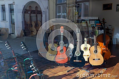 Classical Guitars in a Shop in Cluj Napoca, Romania Editorial Stock Photo