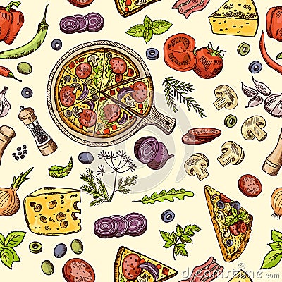 Classical italian food. Pizza and slices with different ingredients. Vector seamless pattern Vector Illustration