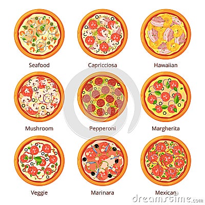 Classical italian food. Pizza top view in cartoon style. Vector illustrations isolated on white Vector Illustration