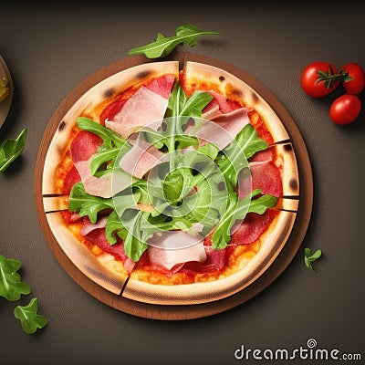 Classical Italian pizza with prosciutto and rocket salad on round wooden plate on table background Stock Photo