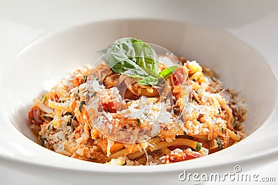 Classical Italian Spaghetti with Tomatoes, Tomato Sauce and Parmesan Stock Photo