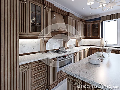 Classical kitchen in luxury home with oak wood cabinetry Stock Photo