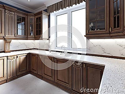 Classical kitchen in luxury home with oak wood cabinetry Stock Photo