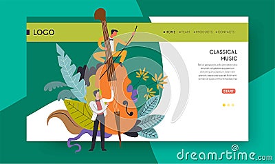 Classical music concert violoncello playing web page template Vector Illustration