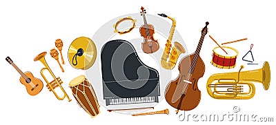 Classical music instruments composition vector flat style illustration isolated on white, classic orchestra acoustic sound, Vector Illustration