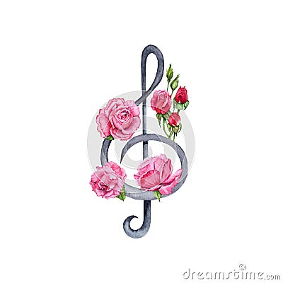 Classical Music Treble Clef decorated with Roses watercolor illustration on white or transparent background Cartoon Illustration