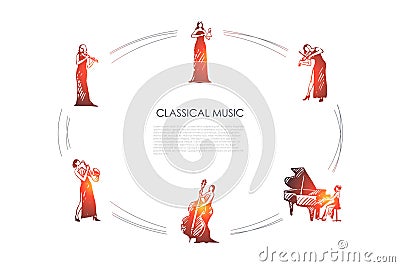 Classical music - women musicians playing flute, saxophone, cello, piano, violin, bell vector concept set Vector Illustration