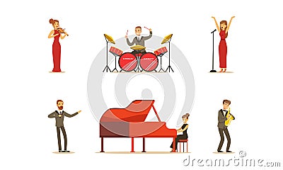 Classical Musicians and Singers Characters Collection, Artists Playing Musical Instruments and Singing Cartoon Vector Vector Illustration