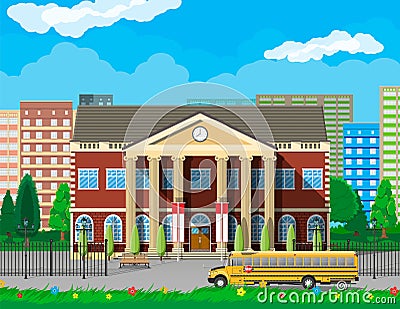 Classical school building and cityscape. Vector Illustration