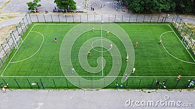 Classical stadium from birds eye view. Drone view. Green Football soccer field Stock Photo