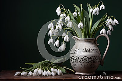 Classical still life with snowdrops in a ceramic vase. Springtime flowers Stock Photo