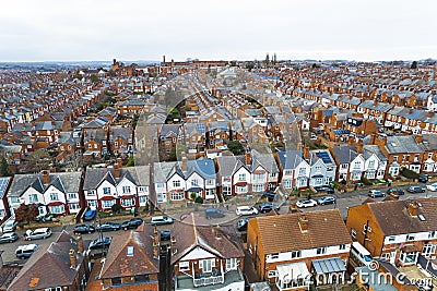 Classical stunning British architecture in the city of Nottingham seen from aerial perspective. Terraced Houses. Stock Photo